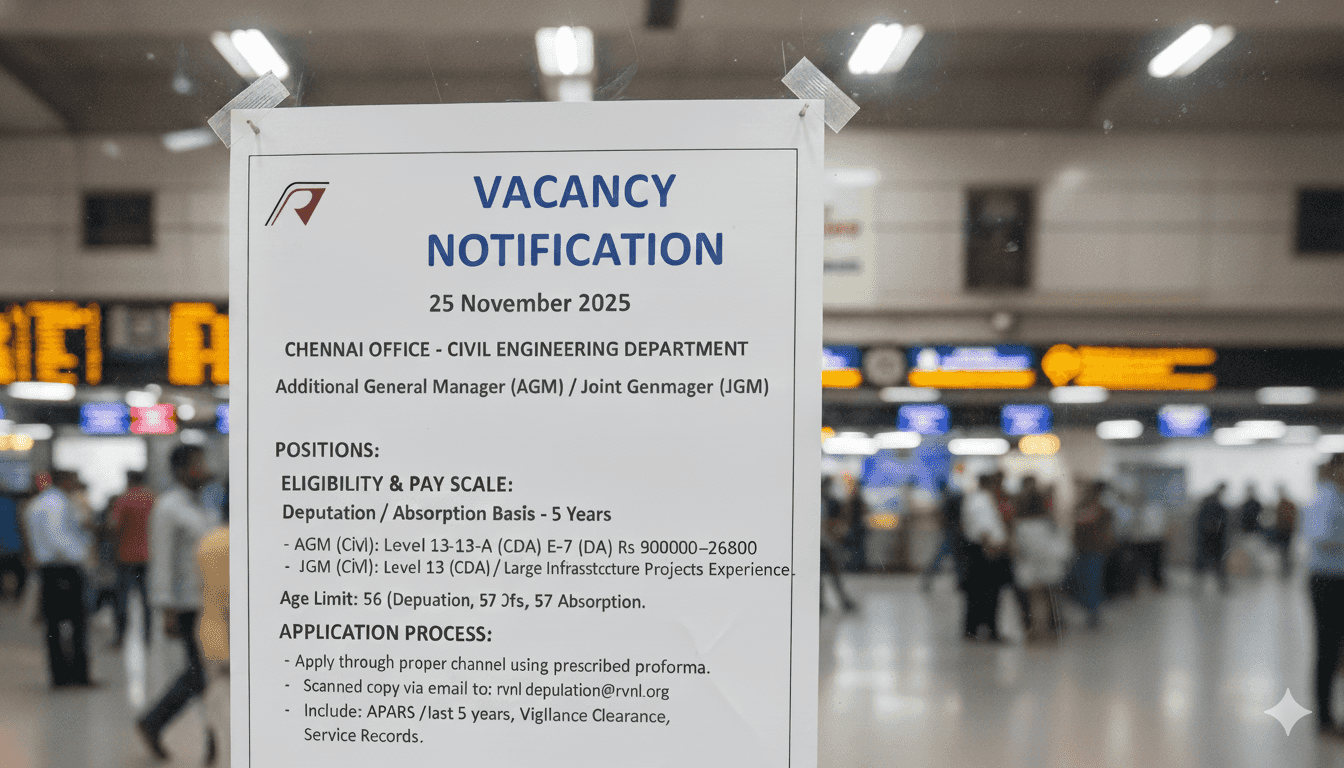 Rail Vikas Nigam Ltd Announces Vacancy for AGM/JGM (Civil) in Chennai