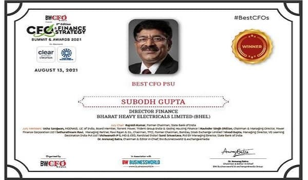 Mr. Subodh Gupta, Director-Finance, BHEL conferred with the Best CFO PSU Award