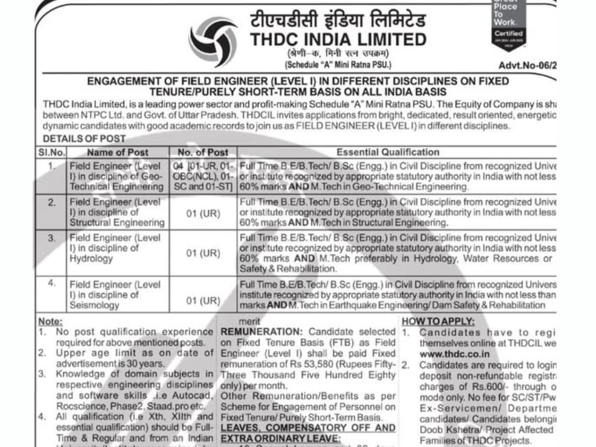 THDC India Limited Announces Recruitment for Field Engineers Across Multiple Disciplines
