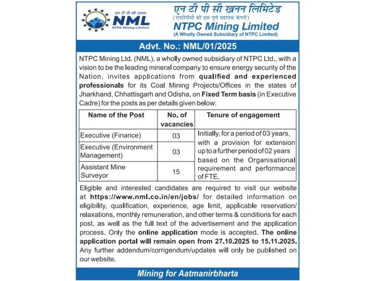 Job vacancies at NTPC Mining Limited (NML)