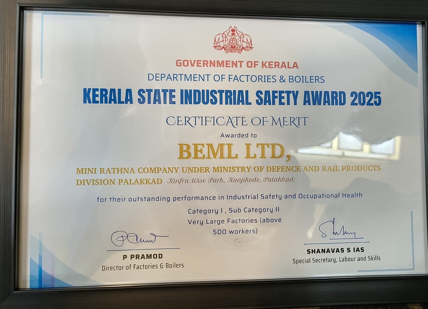 BEML Palakkad Complex Wins Kerala State Industrial Safety Award