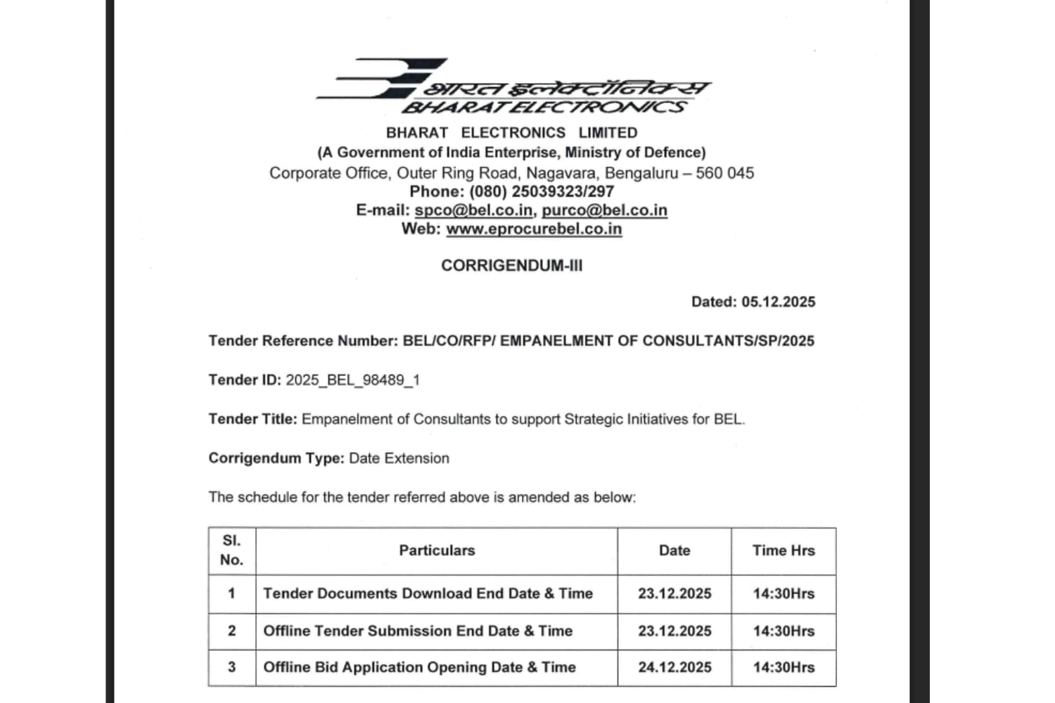 Bharat Electronics Limited Tender Date Extended – Submit Consultant Applications by 23 Dec 2025