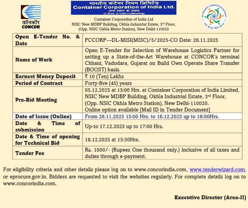 CONCOR Invites E-Tender to Set Up Warehouse at Vadodara Terminal