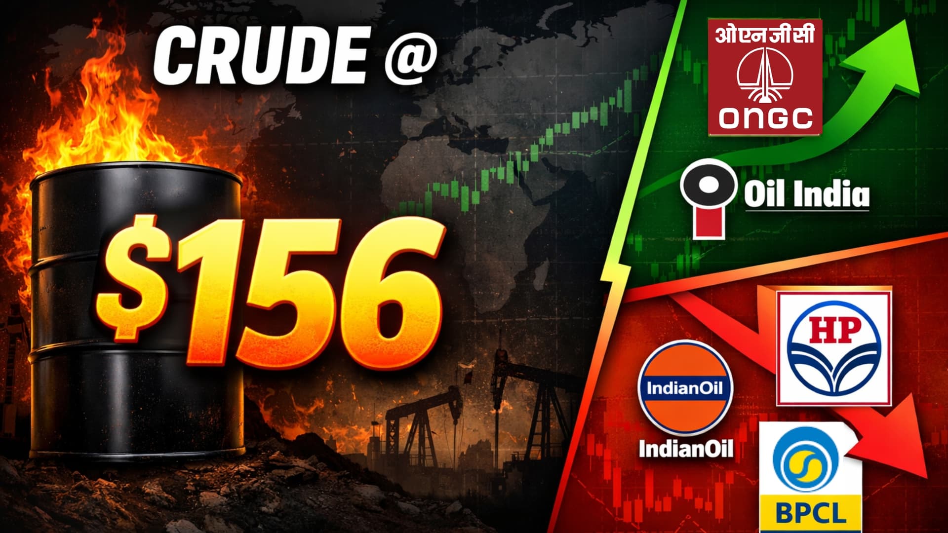 Crude Oil Surge March 2026 Latest: India Basket $156 Today — ONGC, Oil India Up Big; IOC, BPCL, HPCL Down 20%+