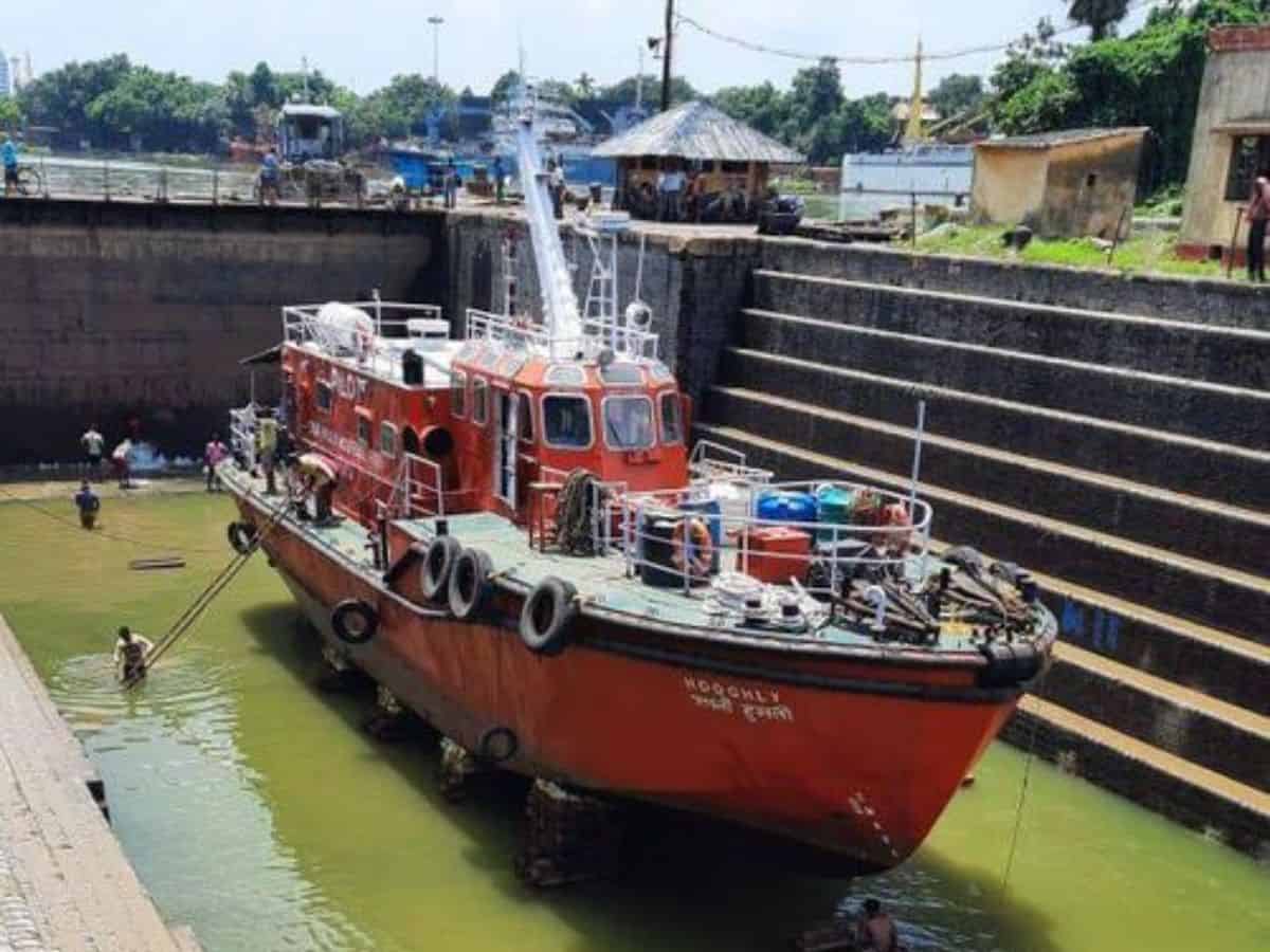GRSE docked SMPK vessel PL Hooghly at GRSE-KPDD Dry Dock 3