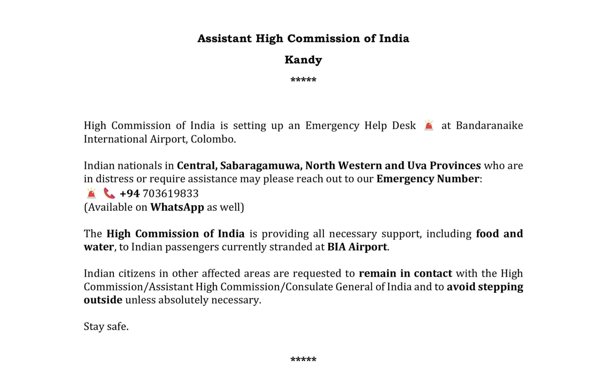 High Commission of India Sets Up Emergency Help Desk at Colombo Airport