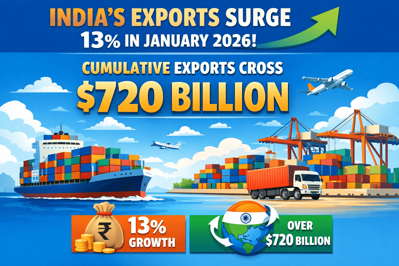 India's Exports Surge 13% in January 2026, Cumulative Exports Cross $720 Billion