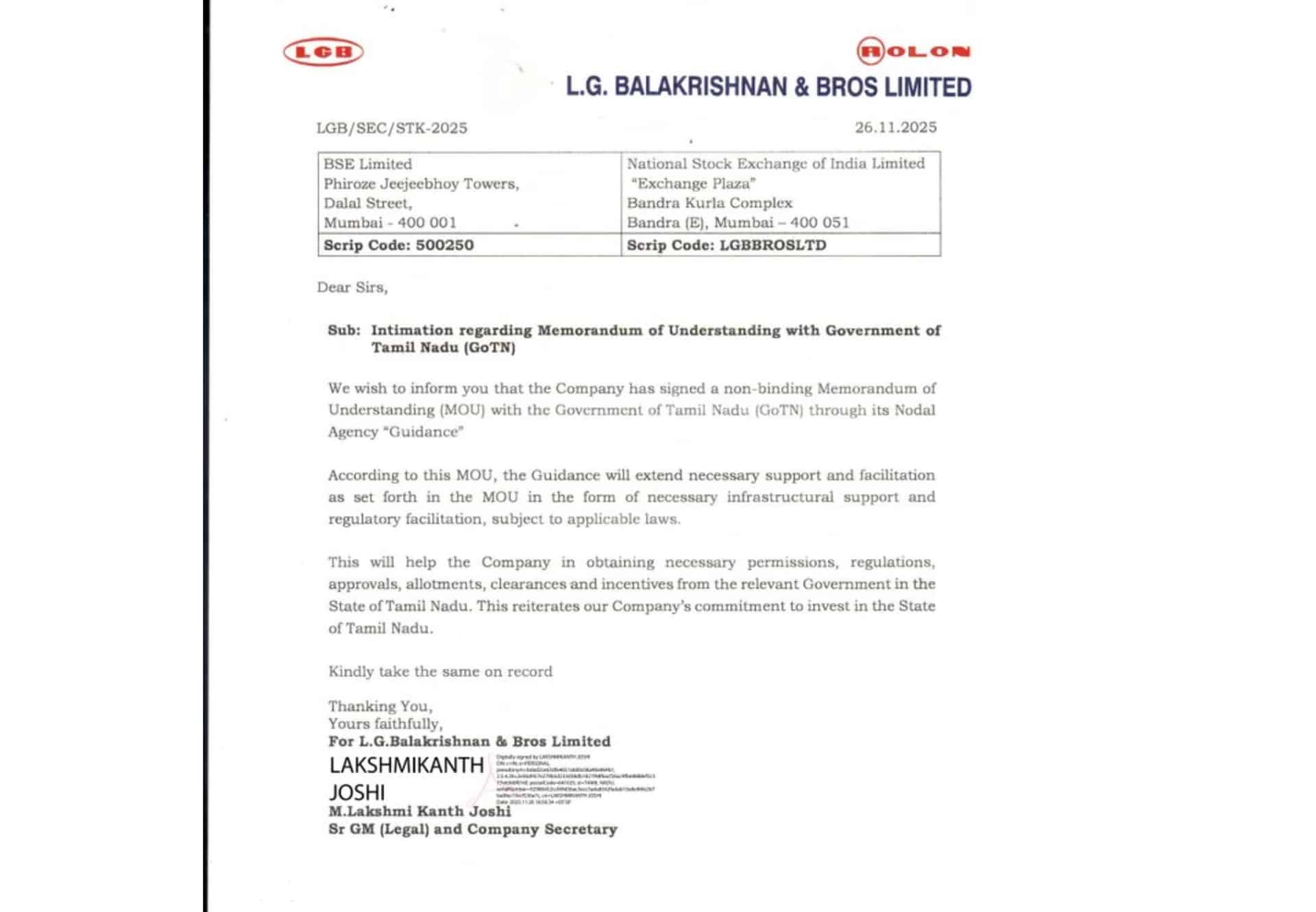 LG Balakrishnan & Bros Locks Investment Commitment in Tamil Nadu with Guidance MoU