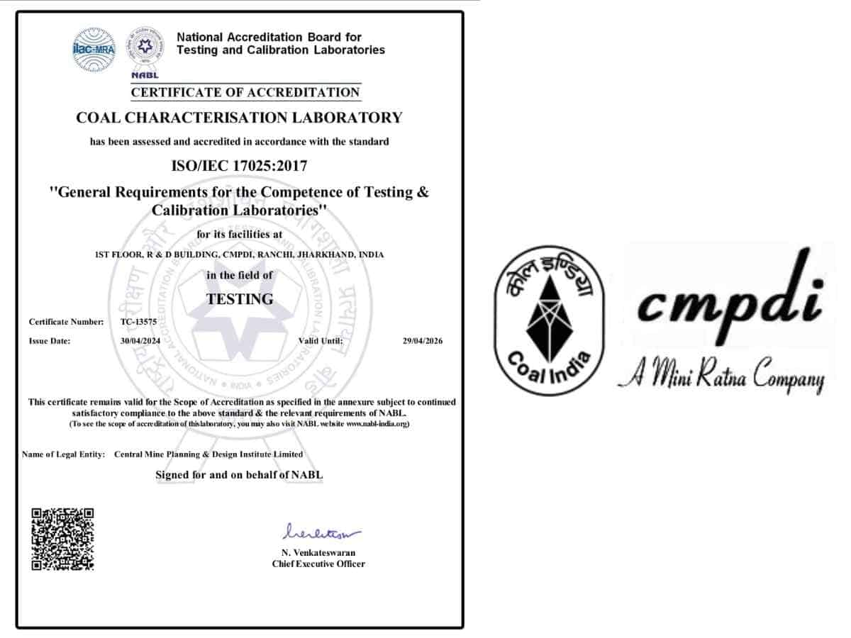 NABL Accreditation to COAL CHARACTERISATION Laboratory of CMPDI