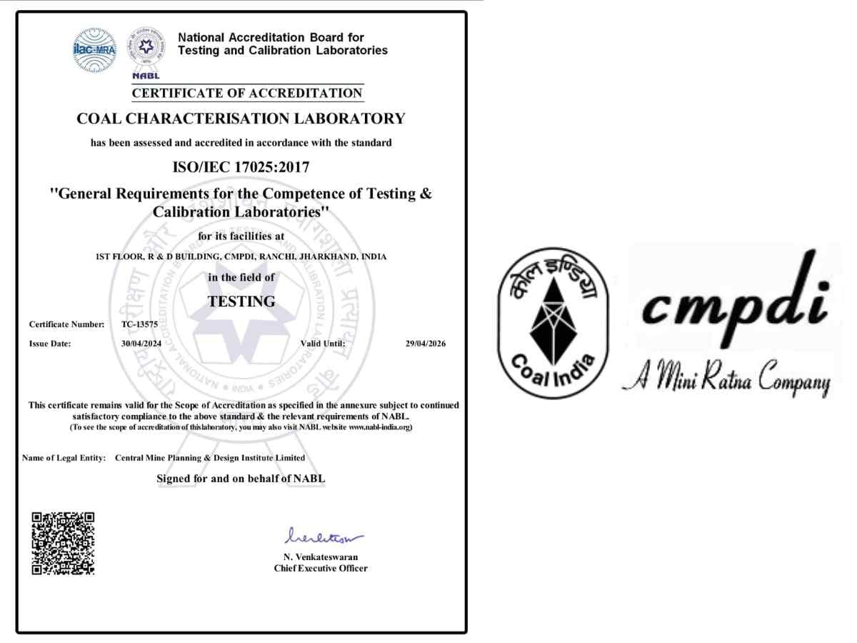 NABL Accreditation to COAL CHARACTERISATION Laboratory of CMPDI