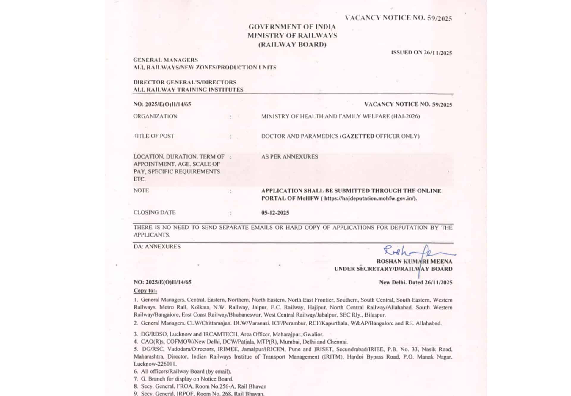 Railway Board Invites Applications for Doctors and Paramedics Deputation 2026