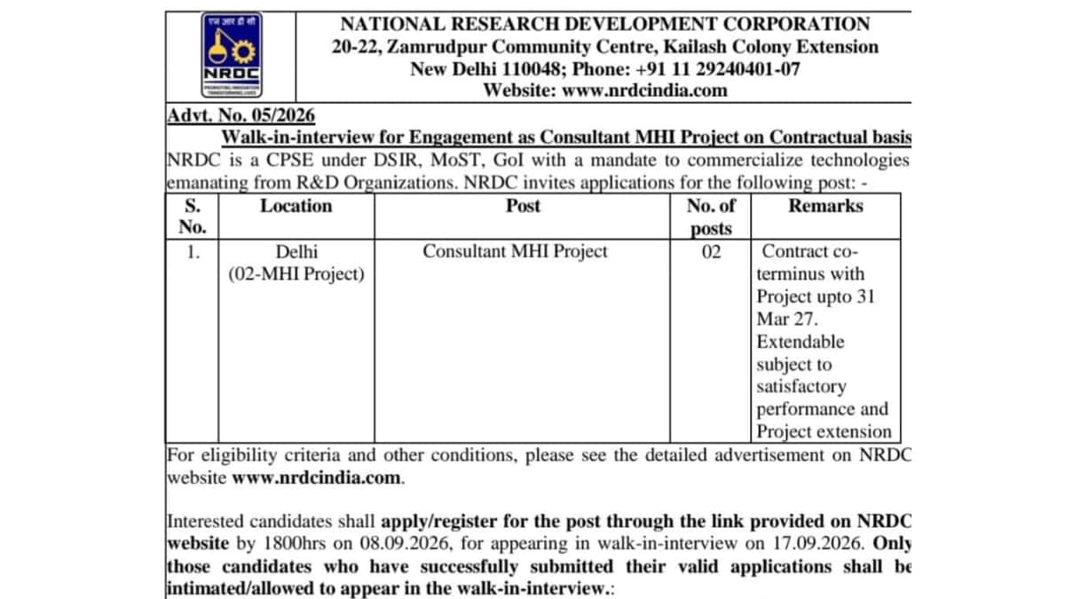 NRDC Invites Applications for Consultant (MHI Project) – Walk-in Interview