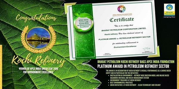 BPCL Kochi Refinery wins Apex India Green Leaf 2019 award