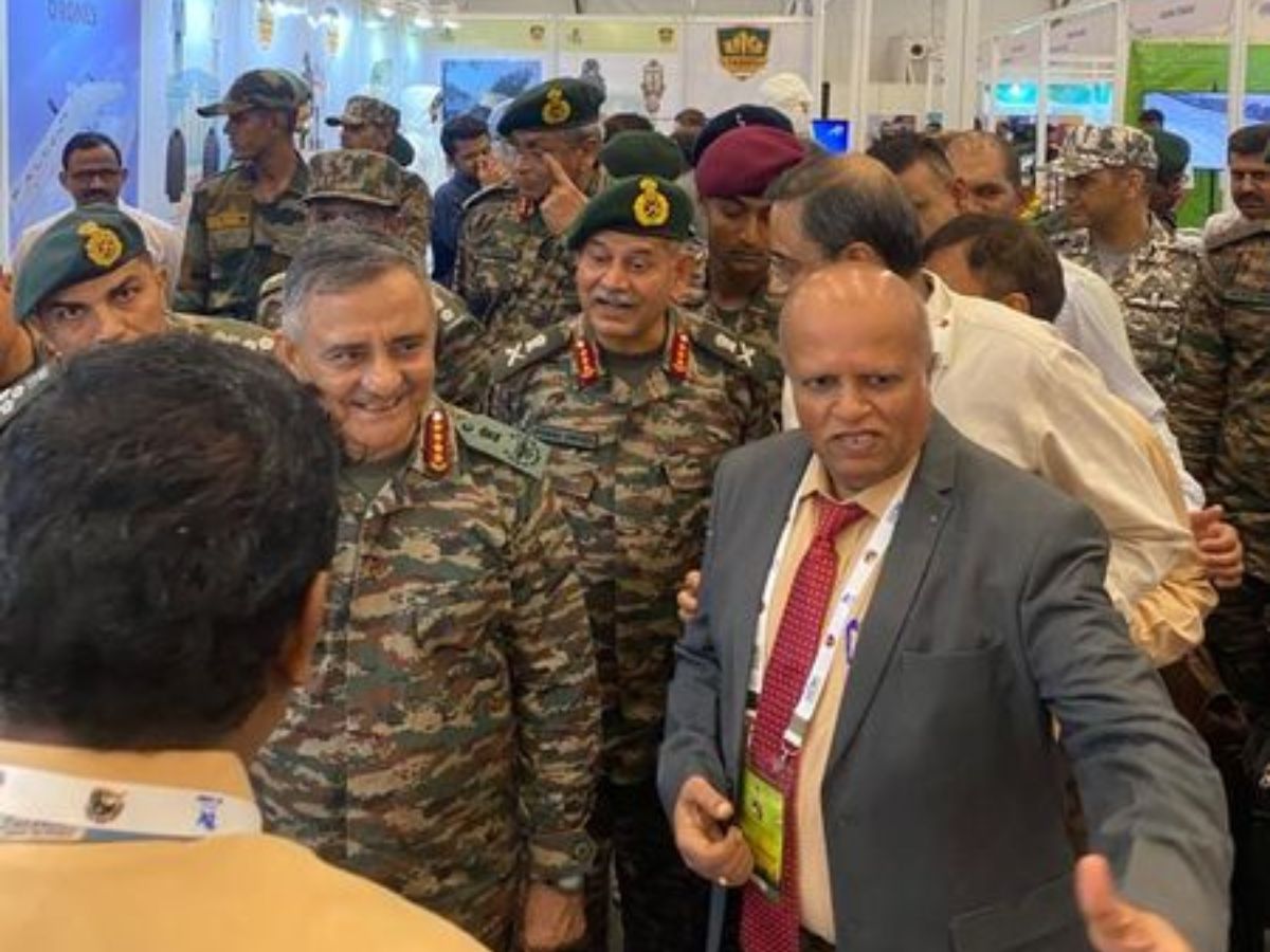Chief of Defence Staff General Anil Chauhan visits BEL stall at North Tech Symposium