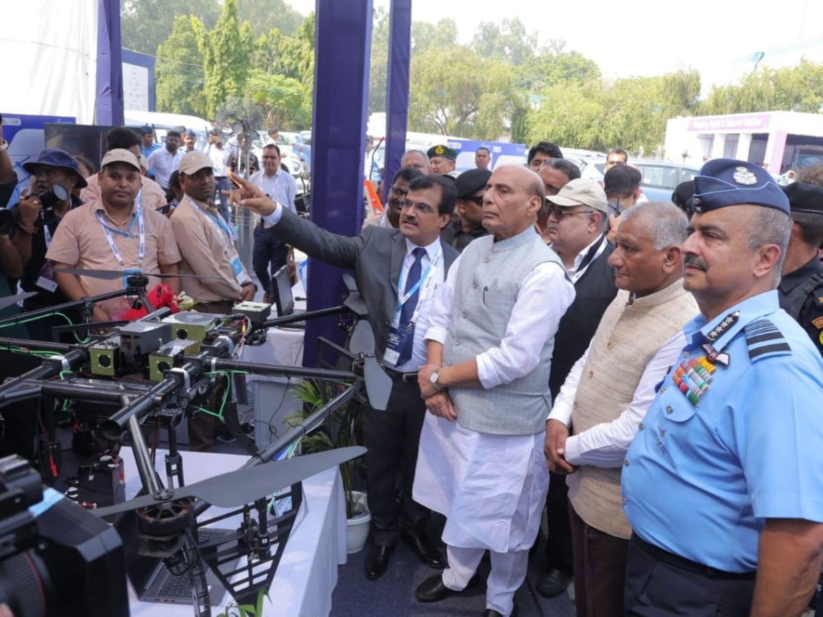 Defence Minister visits BEL stall at Bharat Drone Sakthi 2023
