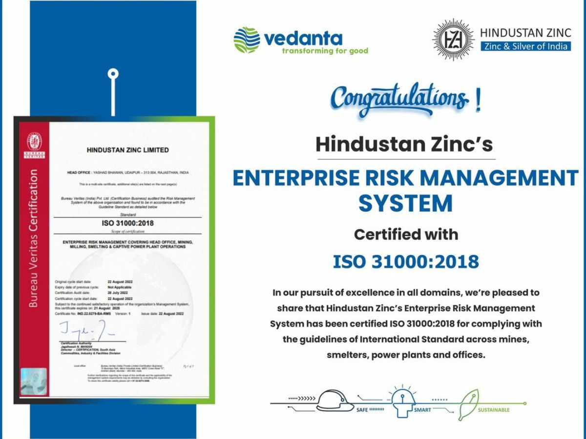 Hindustan Zinc Limited is certified with ISO 31000:2018
