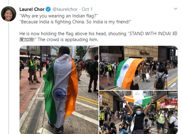 Hong Kong protester carries Indian flag said STAND WITH INDIA