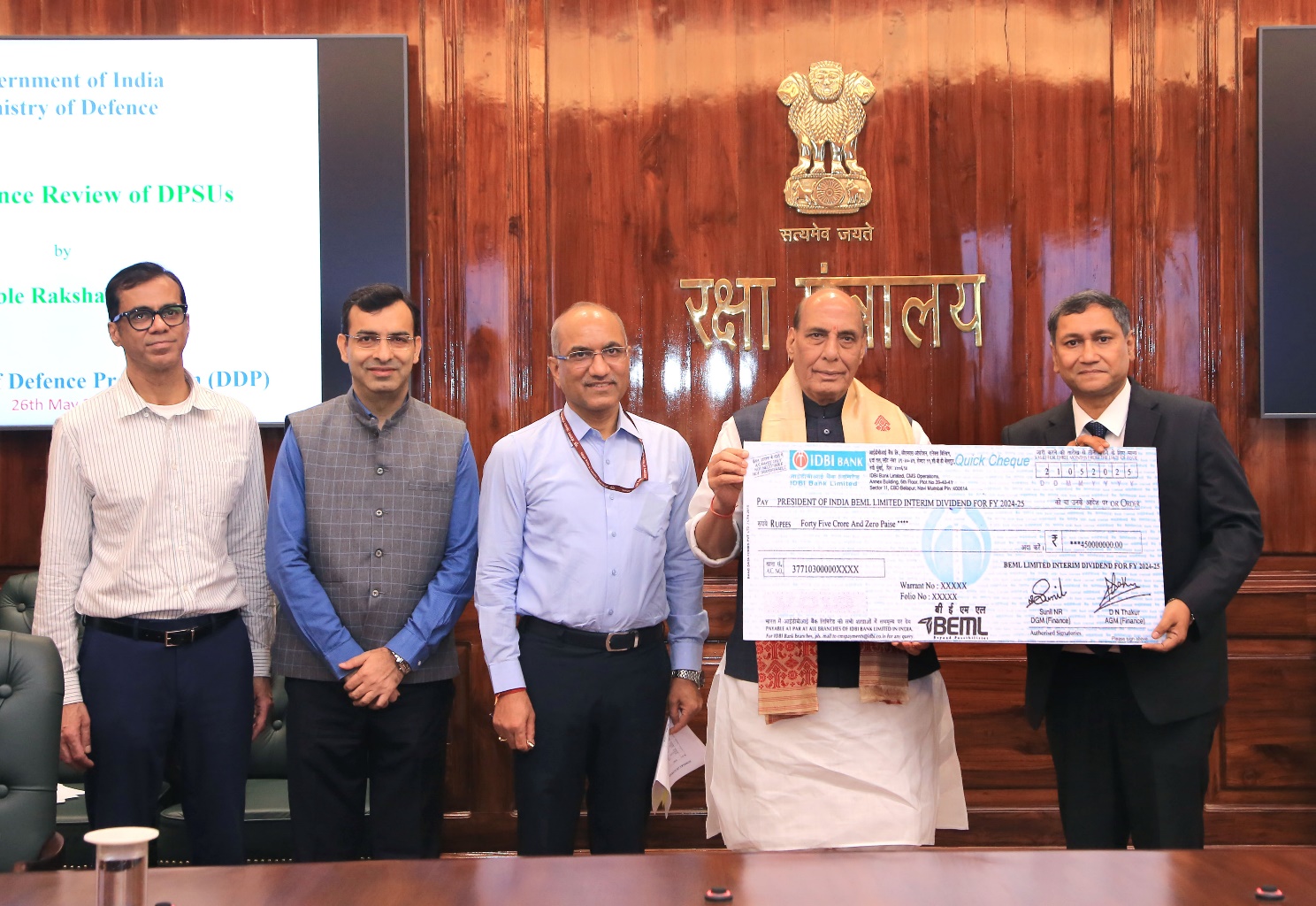 BEML Presents Rs. 45 Crore Dividend Cheque to Government of India  for FY 2024-25